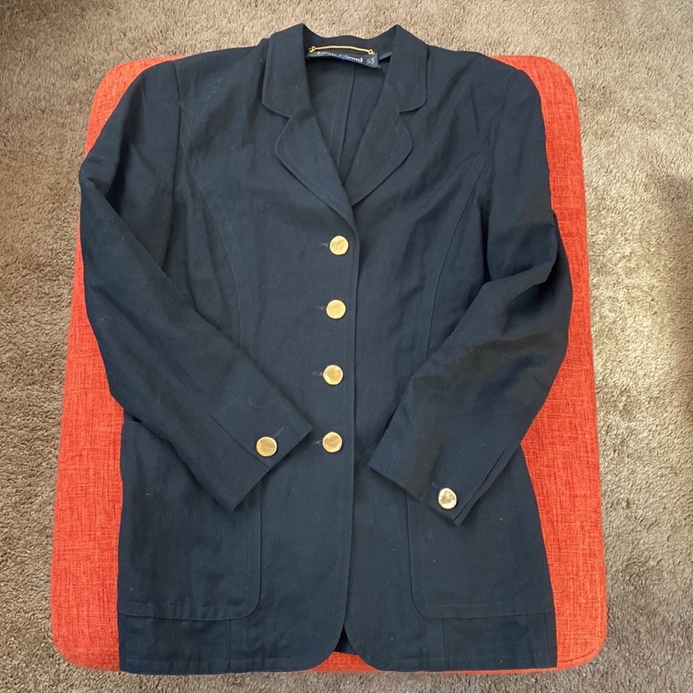 Louis Feraud Black Linen Blazer Jacket Gold Buttons